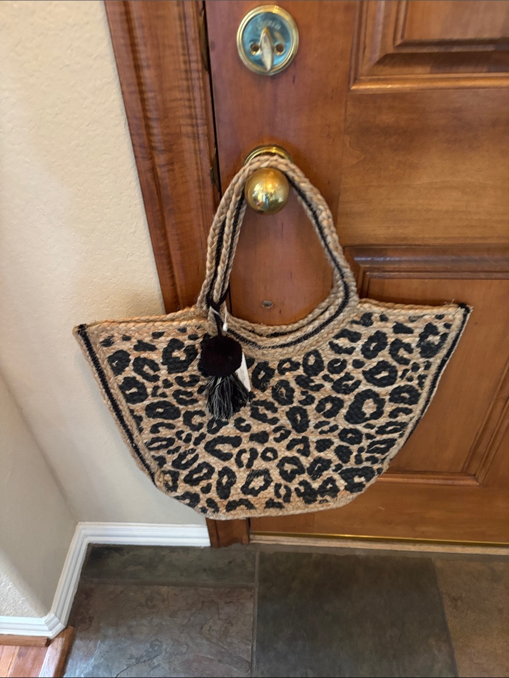 Leopard Print Jute Tote Bag - Black and Beige With Tassel - Picture 2 of 7